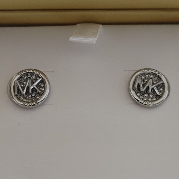 Michael Kors MK Logo Design Stud Kors Earrings In Original Box Silver tone - Picture 3 of 13